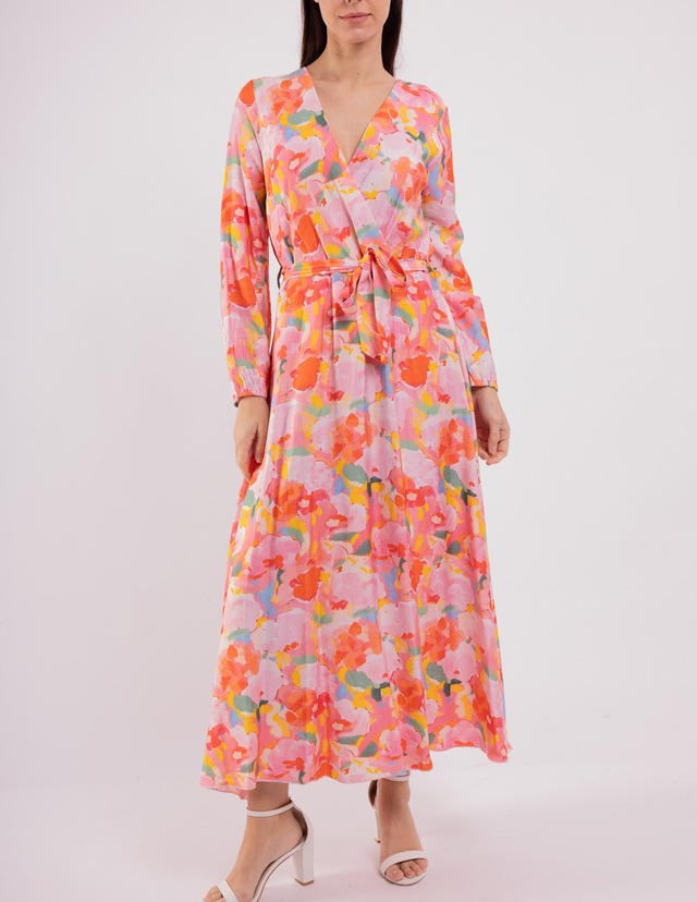 ピンク フラワープリント ロングワンピース｜Vネック ウエストリボン 長袖 春夏ワンピース 大人可愛い 花柄ワンピ レディース