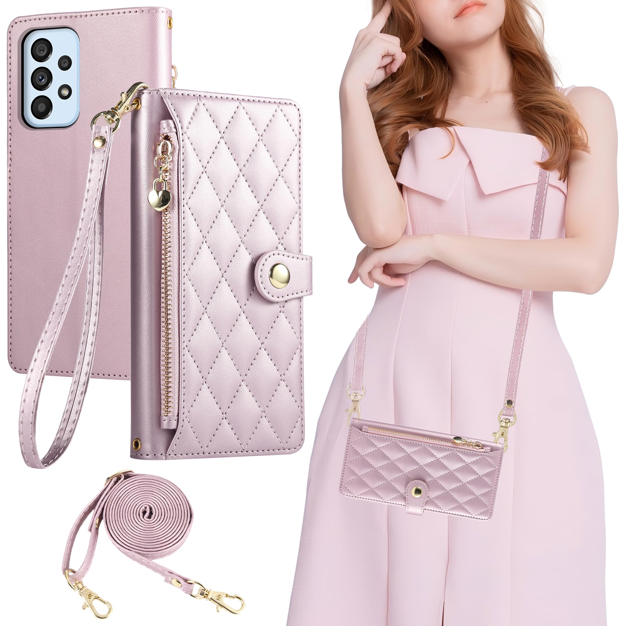 Gedurya Galaxy A53 5G 用 ケース 手帳型 ショルダー ギャラクシーa53 5g ケース ショルダー ファスナー型 小銭入れ 斜めがけ 肩掛け Galaxy A53 5G スマホケース 財布型 カード収納 コインポケット SC-53C SCG15 携帯カバー マグネット式 スタンド機能 同色ストラップ付き ロング+ショート - ピンク