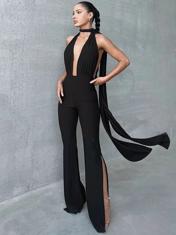 【新作】【送料無料】 TARUXY レースアップ背中の開いたジャンプスーツ女性のセクシーなスリムボディコンワンピース Jusmpuit ファムサイド分割中空アウトジャンプスーツレディース 01326214943