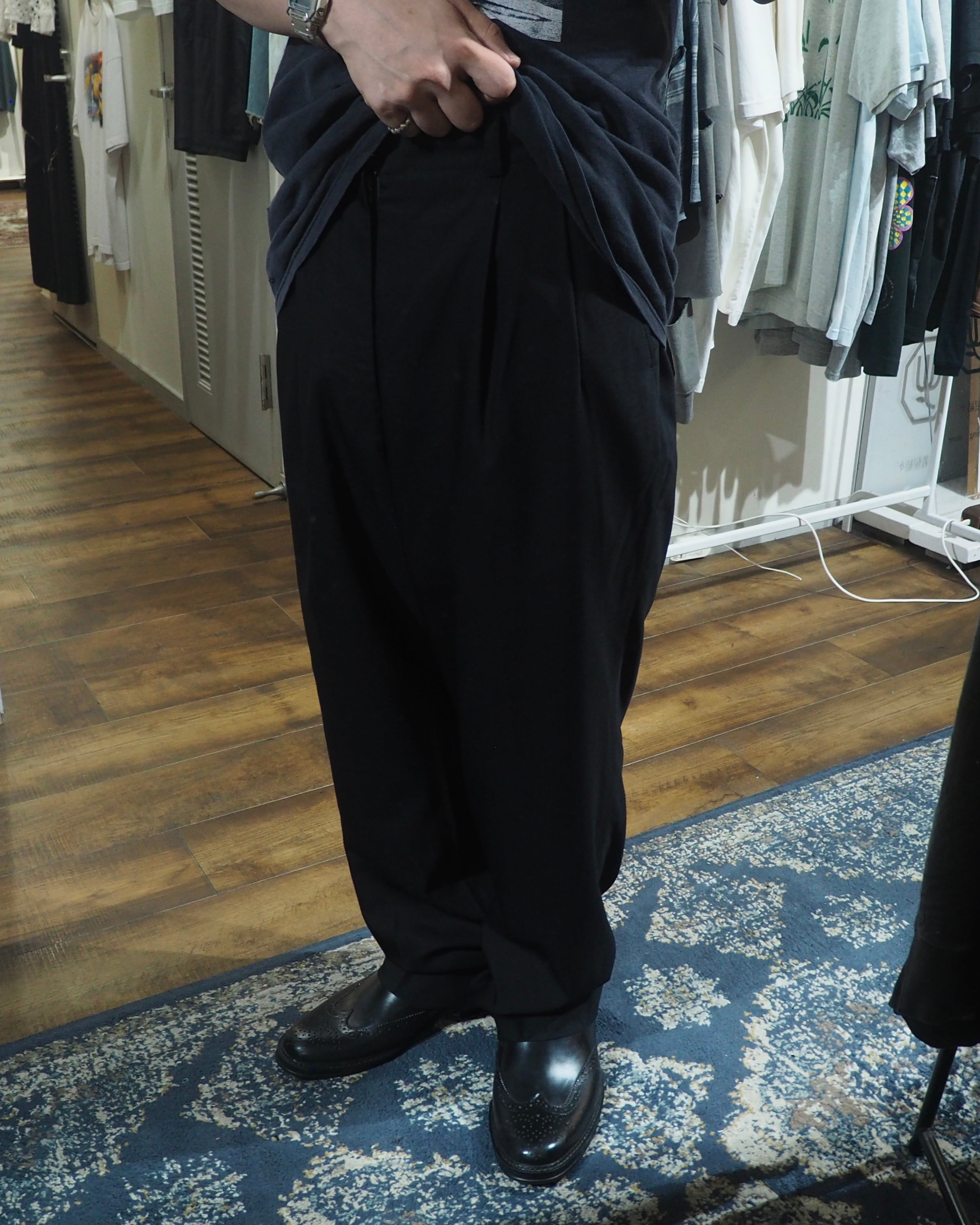 " 鈍艶 " Black Shiny Vintage Wool Wide Slacks Pants