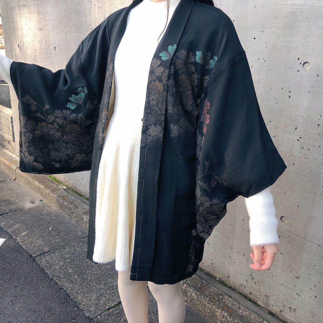 bkh4 黒羽織 ~ ラメ、オーロラ、着物、花柄、ビンテージ、ガウン 