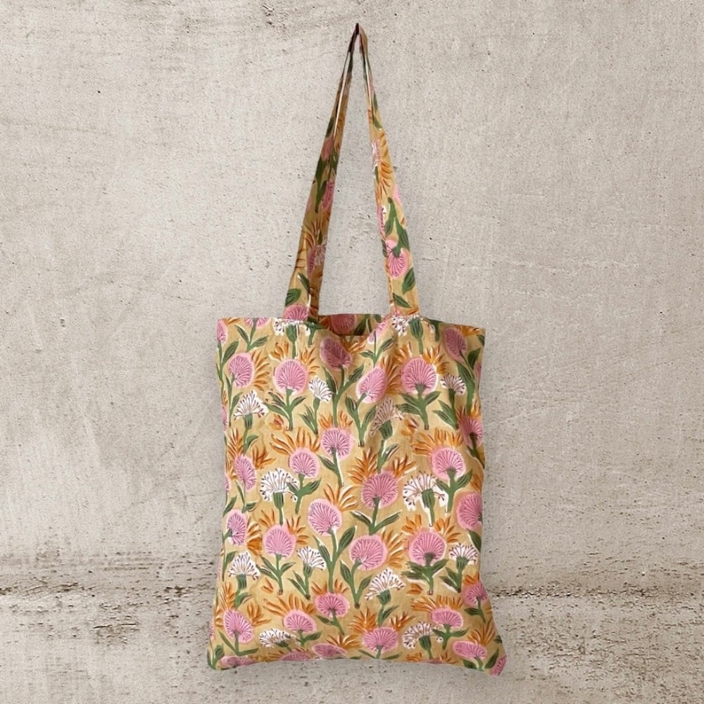 ブロックプリント エコバッグ マスタード （送料無料） | アジアの手