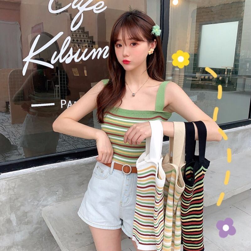 レディース春服2020新アウターヒョナカラーストライプニットキャミソールオールマッチボトミングシャツトップトレンド 1号婦人55586082208