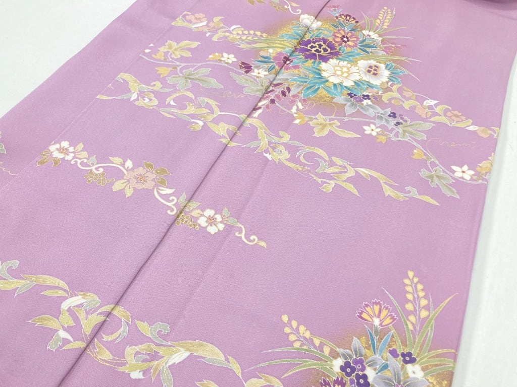 京友禅 金駒刺繍 本金箔 唐花 花柄 訪問着 袷 正絹 紫 藤色 京藤 京友禅 金駒刺繍 本金箔 唐花 花柄 訪問着 袷 正絹 紫 藤色 京藤