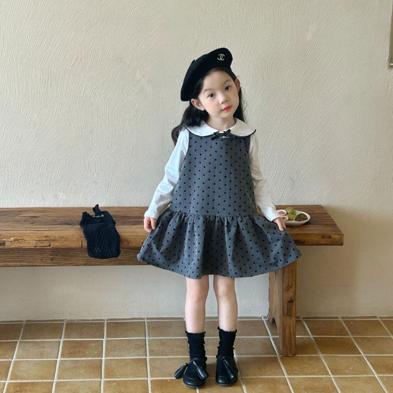 春フリル裾水玉ベストワンピース