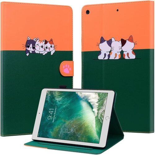 iPad 第6世代 / 第5世代 9.7インチ 2018/2017 / Air / Air2 / Pro 9.7 ケース PU合成レザー 薄型 カバー ipad 第6世代 ケース スマートカバー 耐衝撃 ipad 第5世代 ケース 軽量 カバー かわいい子猫犬柄 ipad air2 ケース 手帳型 Apple Pencilペン収納 ホルダー付 カード収納 強磁力 カバー ダークグリーン 32