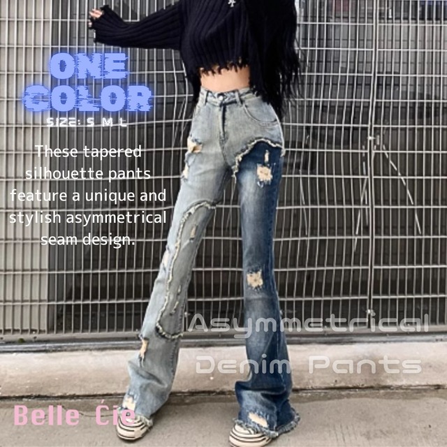 デニムパンツ ジーパン ジーンズ ズボン ブーツカット アシメ レディース 韓国ファッション ユニー