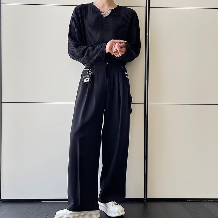 ボトムス パンツ ワイドレッグパンツ モップパンツ ロング ロング丈 ストレート ワイド スマート ドレープ 肩紐 薄手 シンプル カジュアル おしゃれ お洒落 かっこいい レトロ ラフ メンズライク マニッシュ ボーイッシュ スポーティー ルーズ クール 無地 春 秋 オールシーズン 10代 20代 30代 メンズ 男性用 学生 デート お出かけ 休日 普段使い 韓国 韓国系 モテ ゆったり 黒 ブラック 大人カラー モノトーン