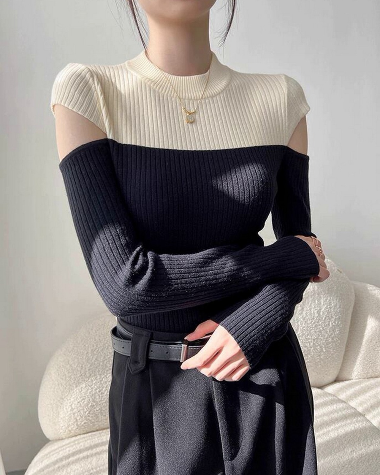 バイカラーオフショルダーニットトップス 2color A0528 - 8