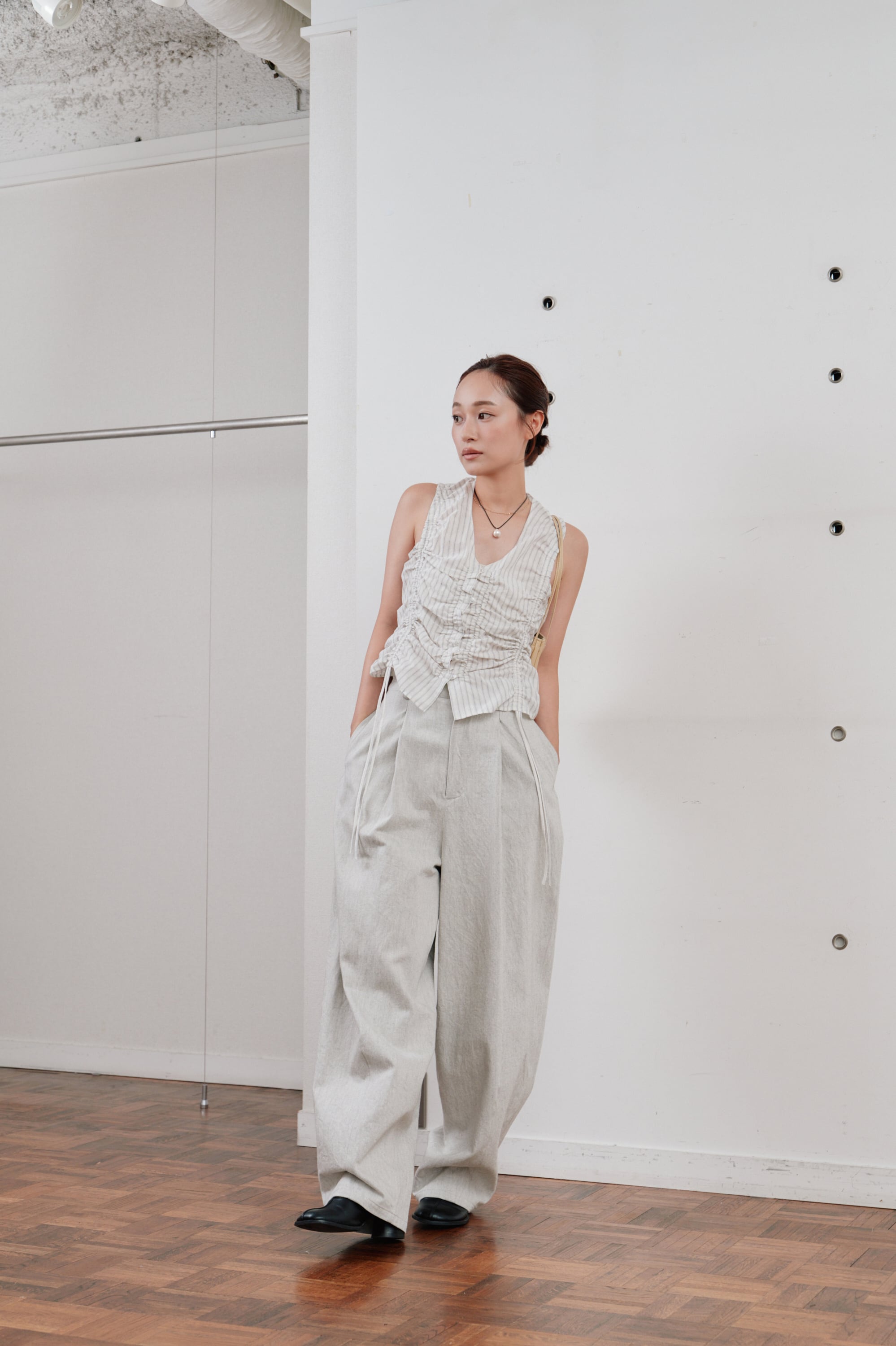Hella gather stripe top ギャザーストライプトップス Beige | planet3rd