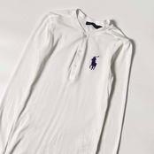 RALPH LAUREN ラルフローレン ポニー刺繍 バンドカラー リブ編み ヘンリーネック 長袖シャツ カットソー S/ホワイト メンズ