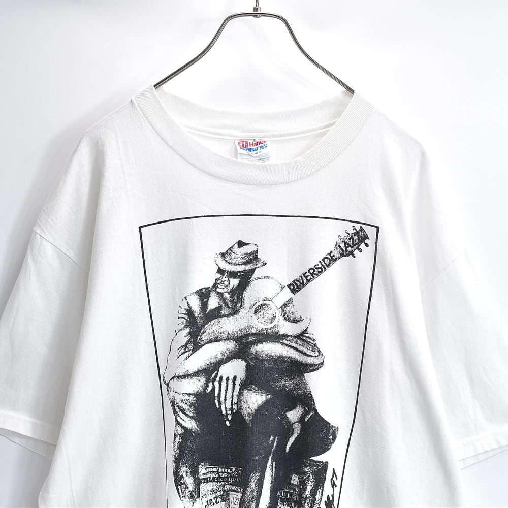 90s Hanes ヘインズ Tシャツ 半袖 クルーネック リバーサイドジャズフェスティバル 1997年 フェス 音楽 アート プリント ホワイト USED ヴィンテージ ビンテージ 古着 メンズ L(42-44)