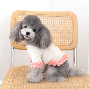 【PET】2色展開花形ボタン＆リボン付き裾フリルニットワンピース