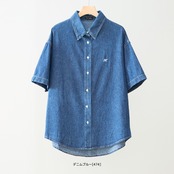 TRUBE ワンポイント刺繍ドロップショルダー半袖デニムシャツ【M~L】デニムブルー