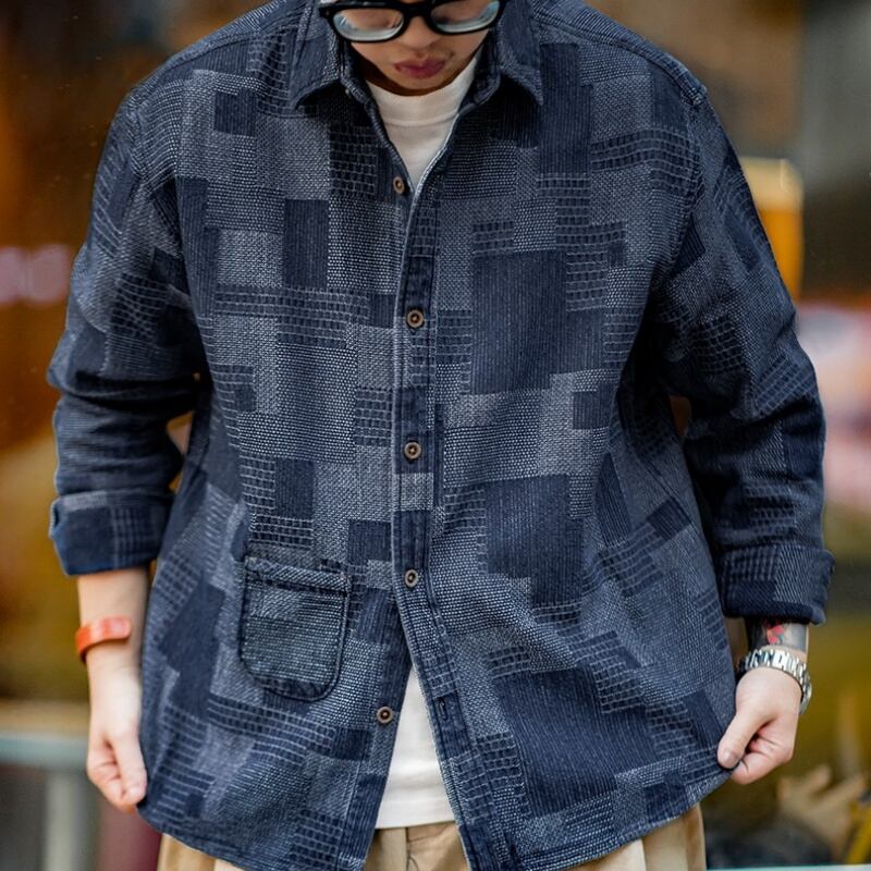 パッチワークデザイン長袖デニムシャツ A18142