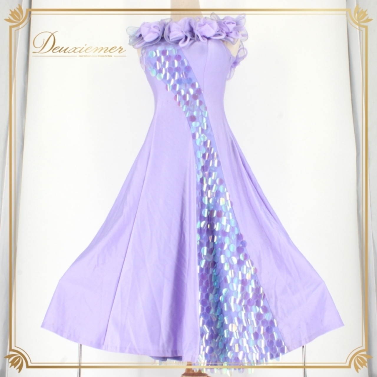 社交ダンス 衣装 スタンダード ドレス ワンピース レッスンウェア パーティドレス 紫 TIMS COLLECTION パープル系 フリル 派手 輝く ドレッシー おしゃれ 可愛い エレガント パーティー用 お呼ばれ フォーマル 体型カバー アウトドアイベント 伸縮性 軽量 快適 上品 ヒール対応 ルームウェア