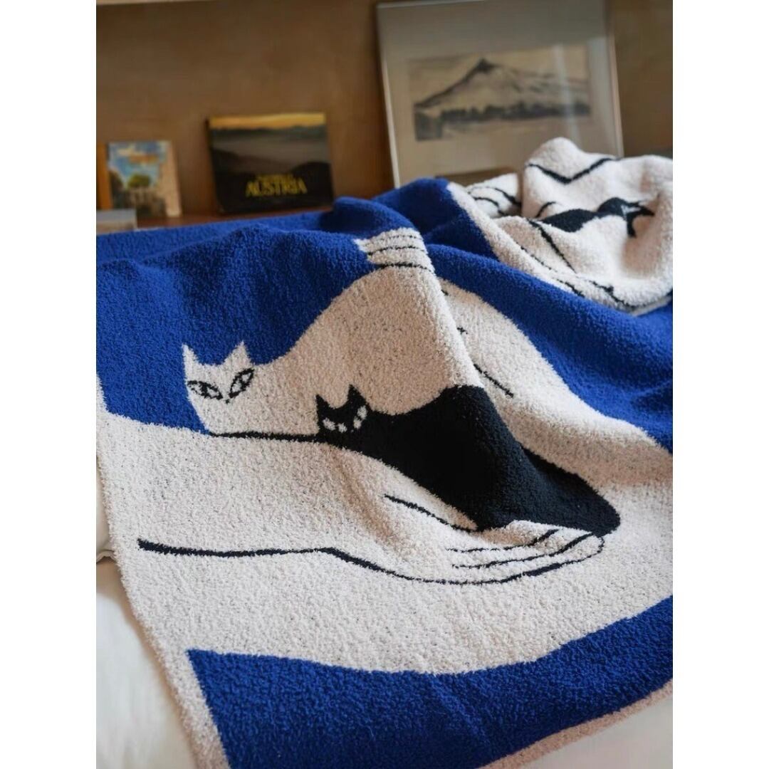 NoNooStore 北欧 アート 猫 キャット柄 大判 ブランケット ブルー