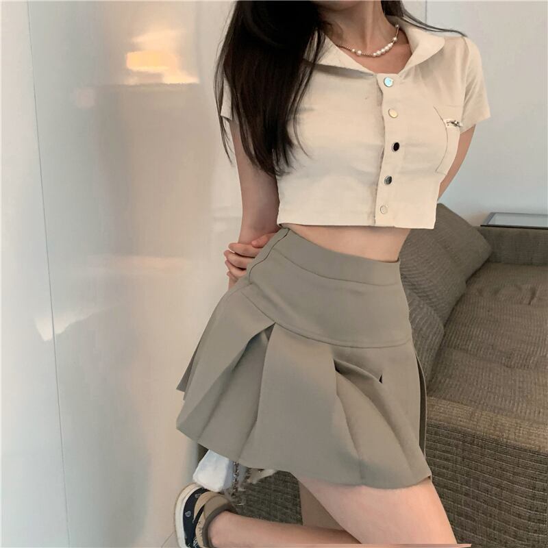 プリーツスカート ハイウェストウェスト薄手Aラインショートサマースタイル 大人ガーリー スウィート キュート カジュアル 夏物 ブラックストロベリース50881916302