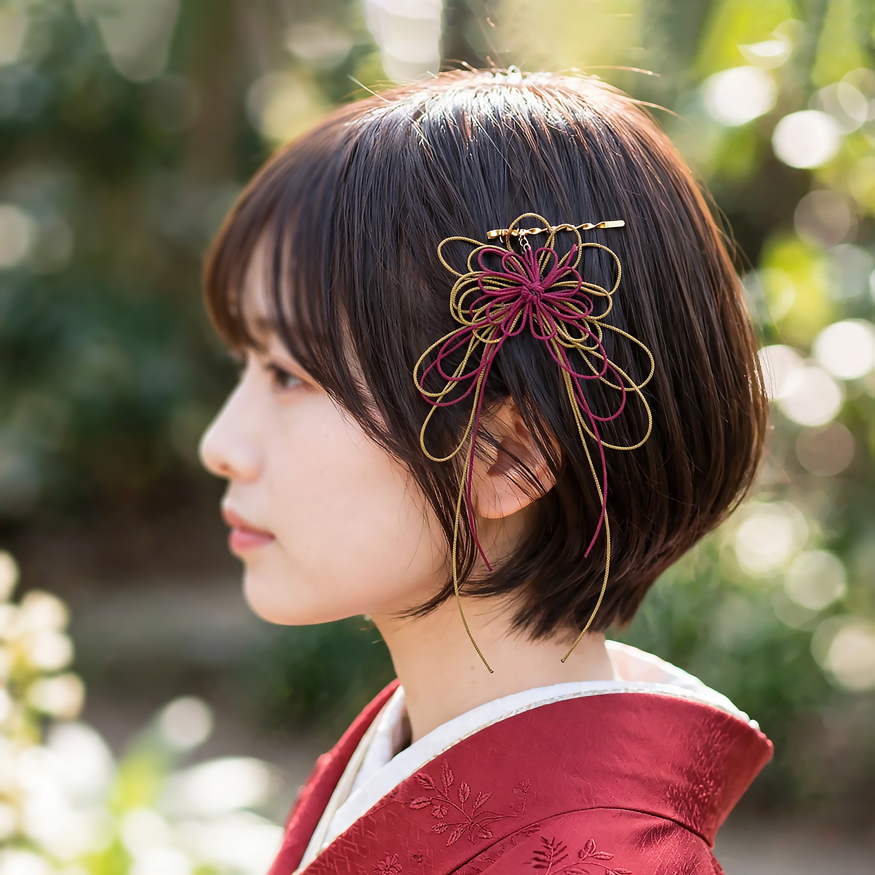 飾り結びヘアピン「闌け、たをや」(臙脂×カーキ)【軽量快適】ショートヘアも簡単和風アレンジ。
