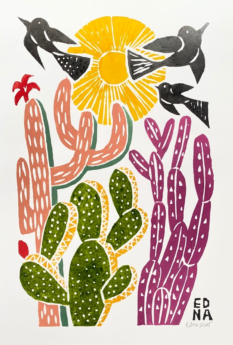 EDNA SILVA エジナ・シルバ 木版画 M【3匹の鳥と3つのサボテン】