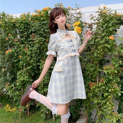 ✞ レーススリーブウエストすっきり☆着痩せスタンダードチェック柄ドレス ワンピースサマー レトロ スウィート 夏物 レースアップ ✞ゴスロリ SM ミリ 甘ロリ クラロリ 和ロリ エレガント 黒ロリ 姫ロリ 華ロリ BB-BB0849251