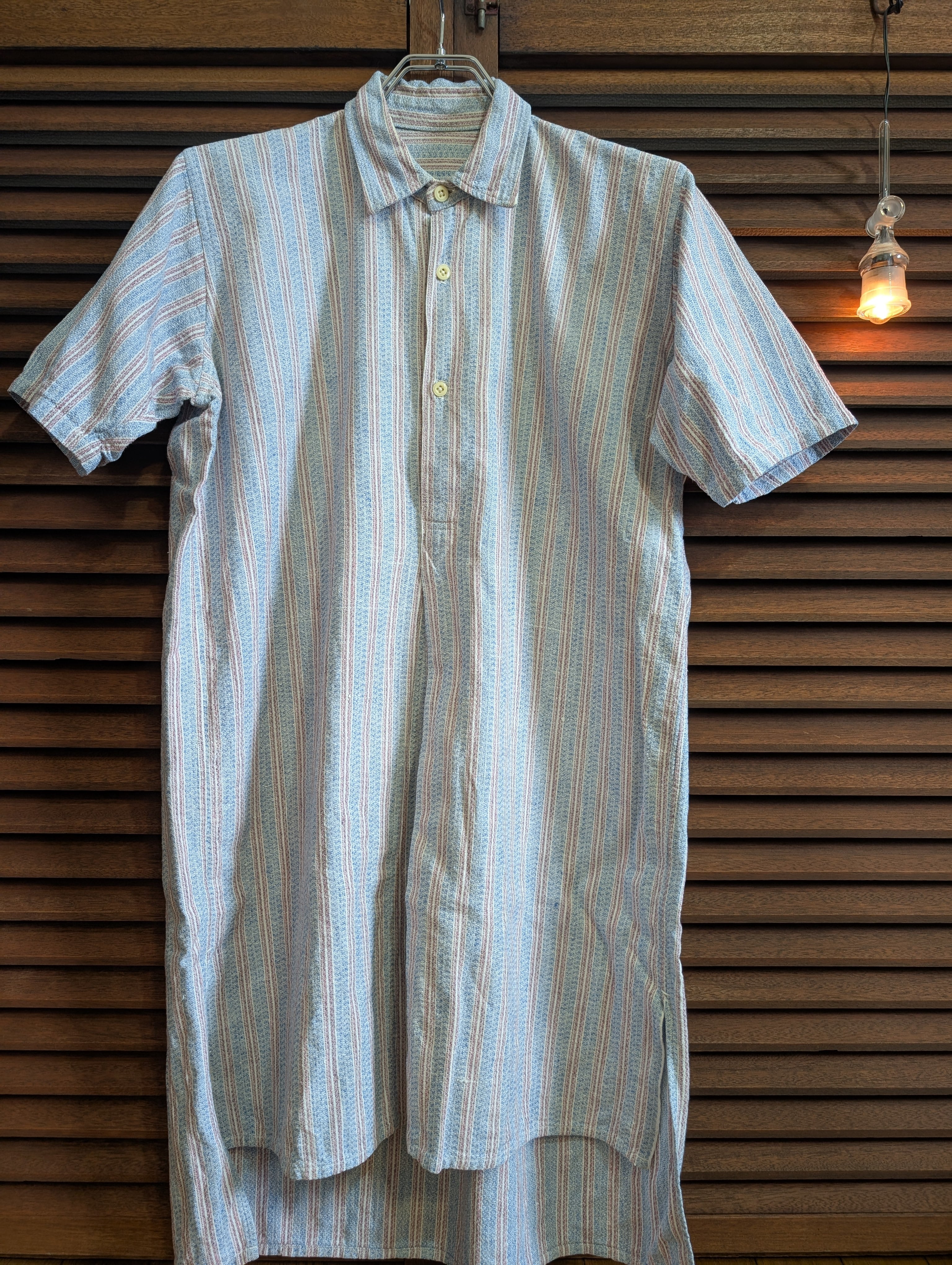 40s France Grandpa Shirt Striped Milkglassbutton Short Sleeves