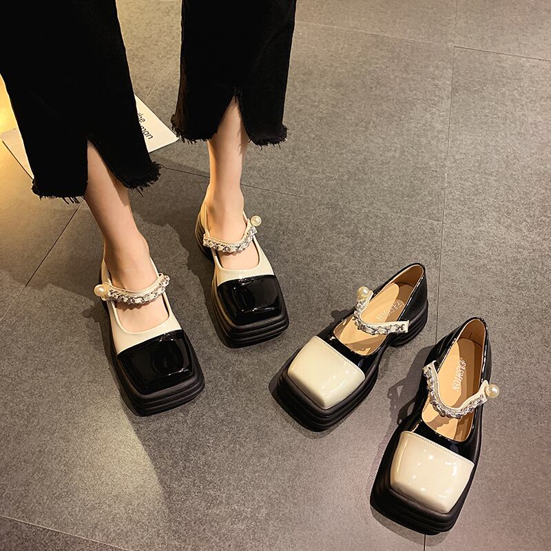 レザーサマーレッドパール 靴 シューズ 夏物 真珠 スクウェア フェイクシューズ31437300907