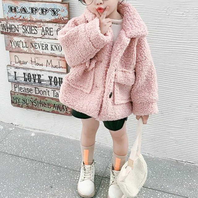 ★送料無料★ 3カラー ピンク 女の子 もこもこシングルコート 80cm〜120cm 秋 冬 韓国子供服