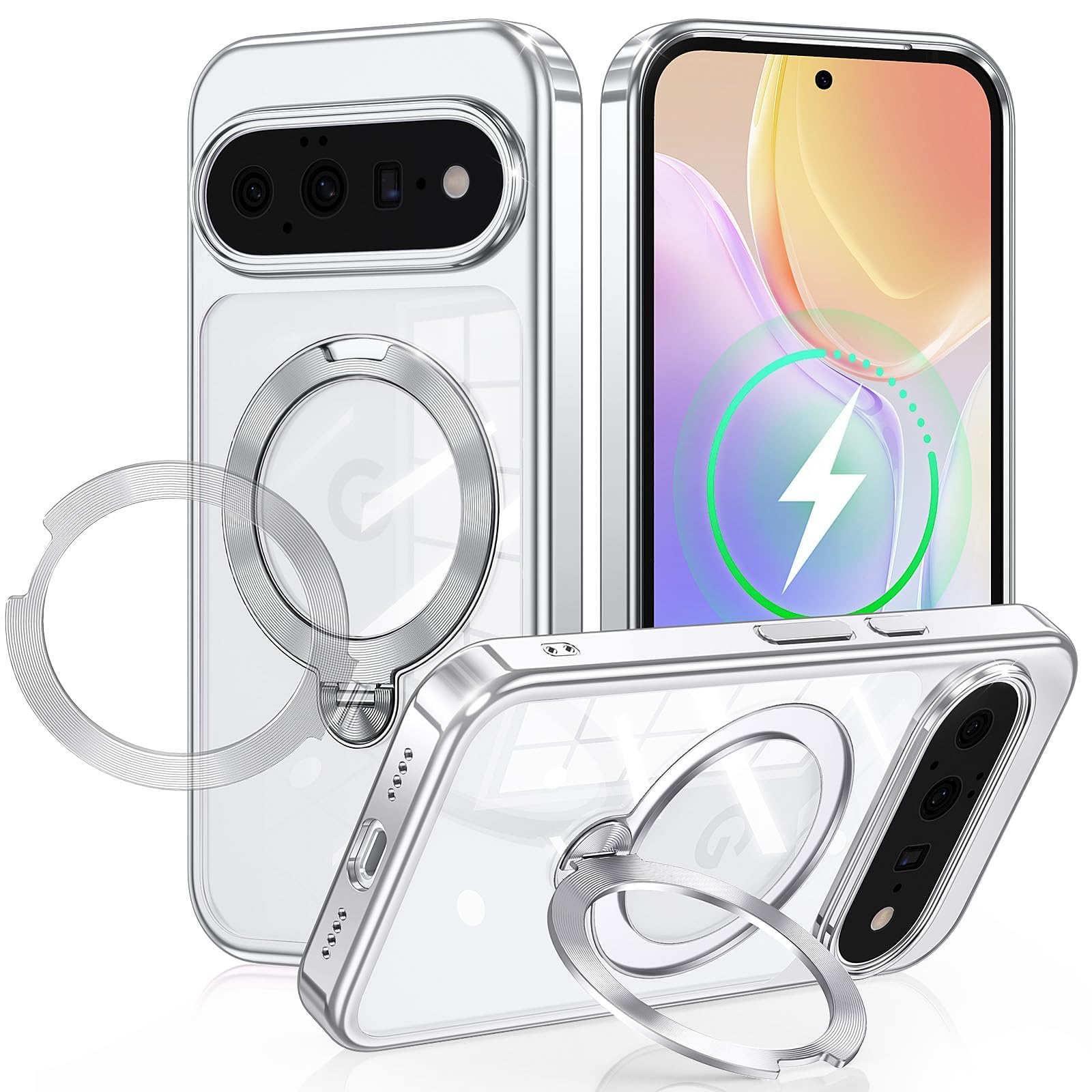 Gunwon Google Pixel 11/11 Pro 用 ケース MagSafe対応 CDリング 360°定点回転スタンド メッキ・シルバー