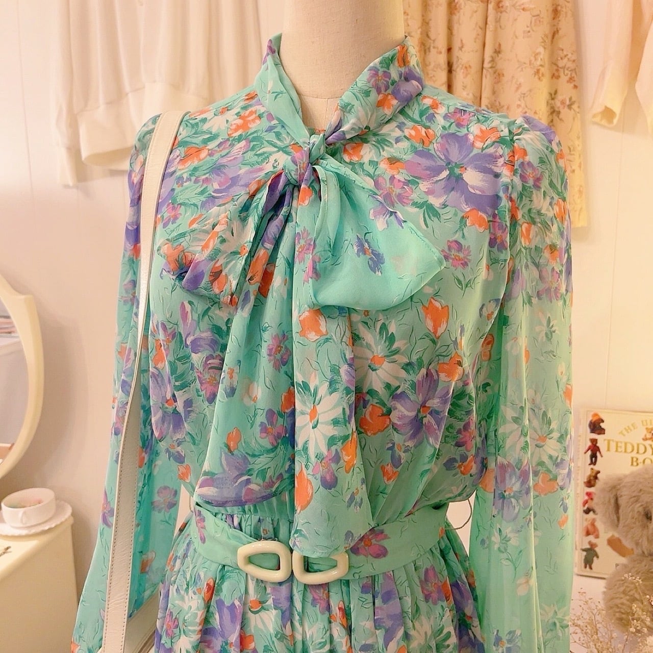 mint flower ribbon tie one-piece