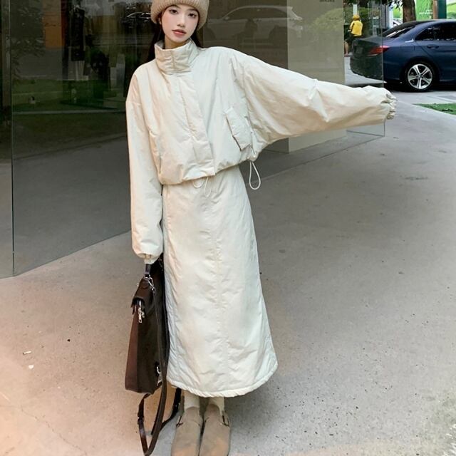 中綿　ダウンジャケット　セットアップ　長袖　スカート　サイズL ホワイト　秋冬 予約販売】セットアップ レディース スカート ロング丈 長袖 ダウン