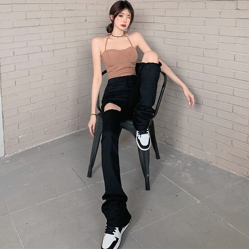 ブラックストレッチジーンズ サマーパンツ ハイウェストウェスト薄手 ストリート エラスティック 伸縮 夏物 ガールズファッション71922033837