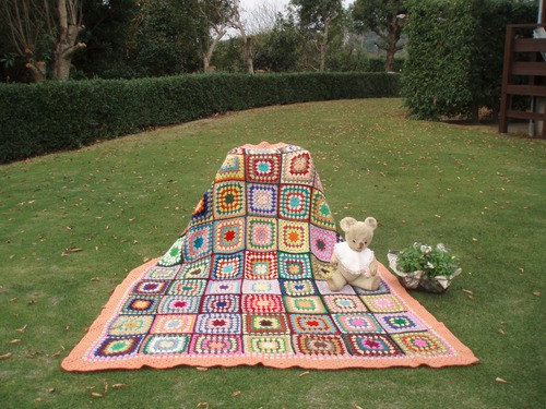 english vintage orange crochet イギリス　ヴィンテージ　　クロッシュ　ベッドカバー　アフガン　ピンク＆オレンジ系