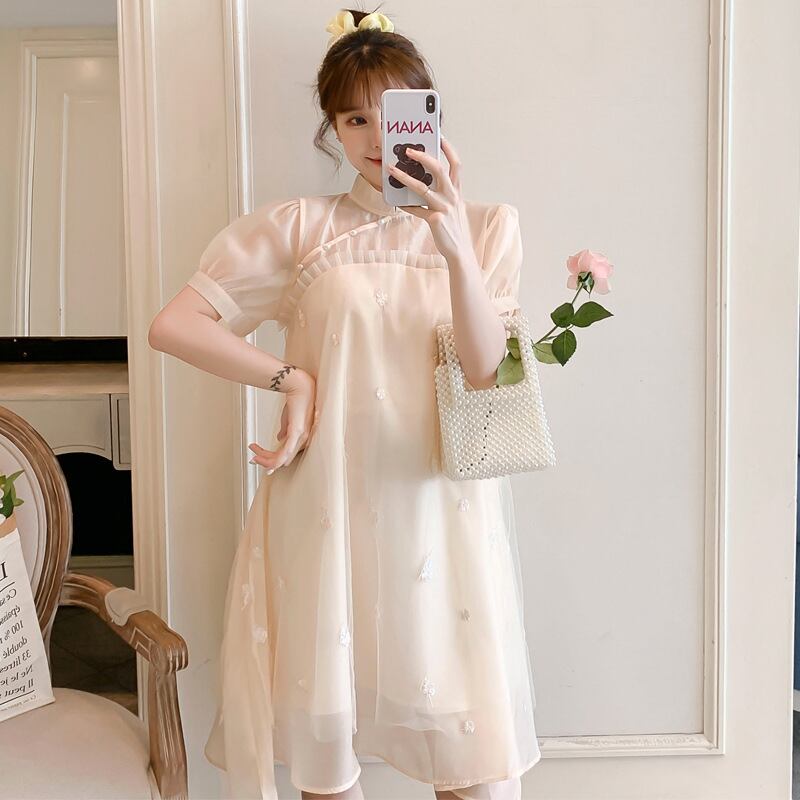 【新作】【送料無料】 マタニティドレス2021夏の新しいシフォン刺繍ディスクボタンドレス、トレンディな母親のミドル丈ドレス妊婦-アリババ レッド サマー 夏物 expec250083600929