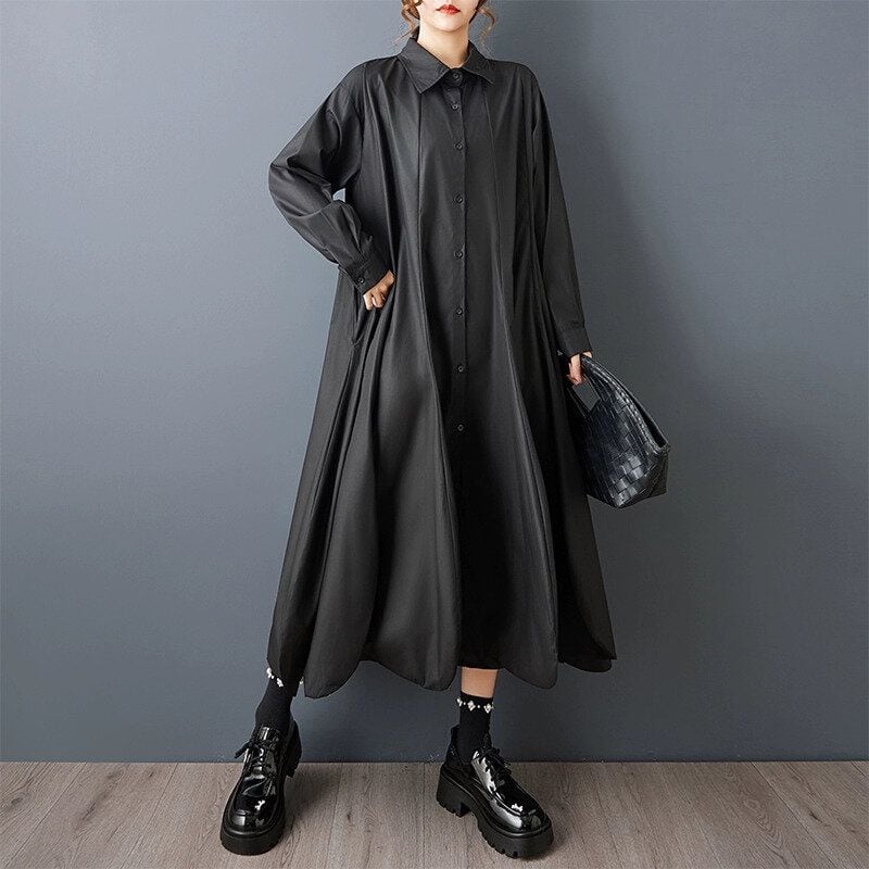 BLACK PETAL FLAP HEM LONG SHIRT DRESS 1color M-15478