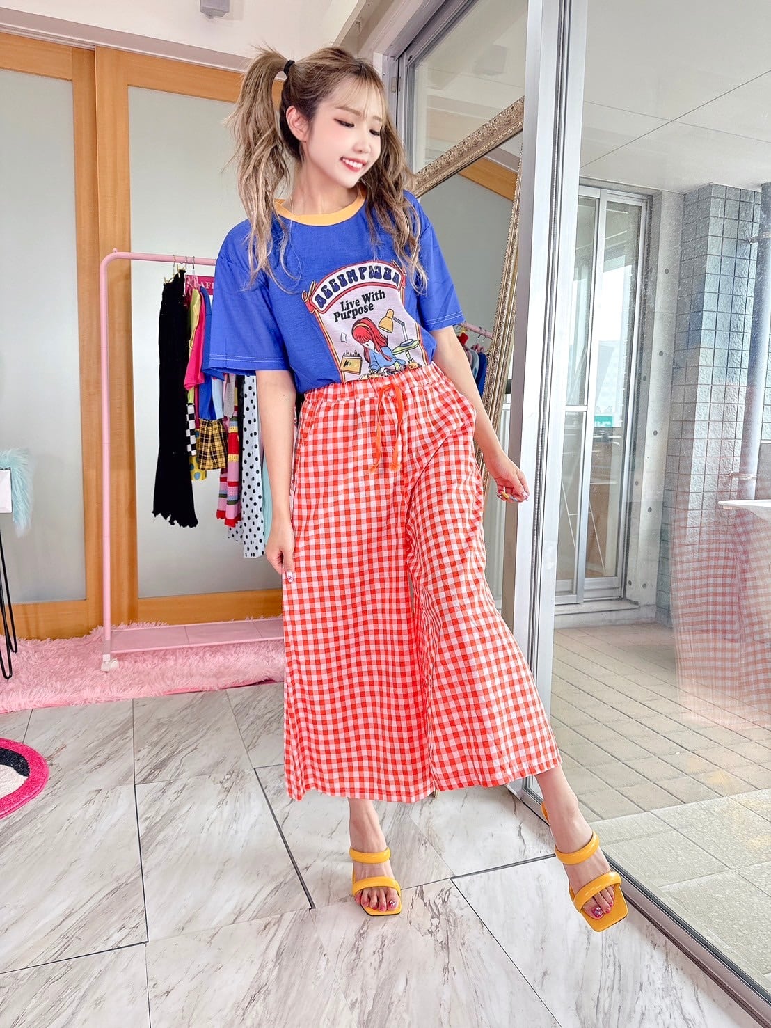 Orangeギンガムチェックワイドパンツ/韓国/レディースファッション