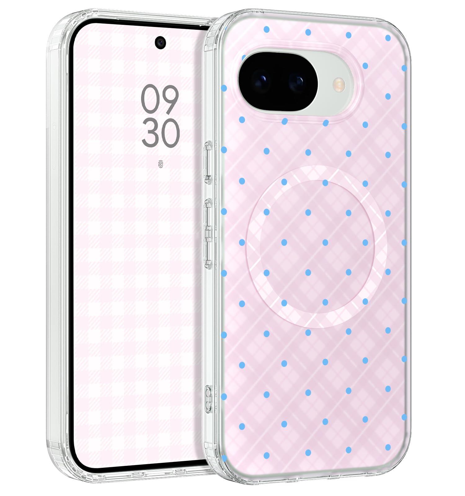 YINLAI Google Pixel 10a 対応 ケース カバー マグネット ピンクチェック柄&ブルードット柄 マット仕上げ