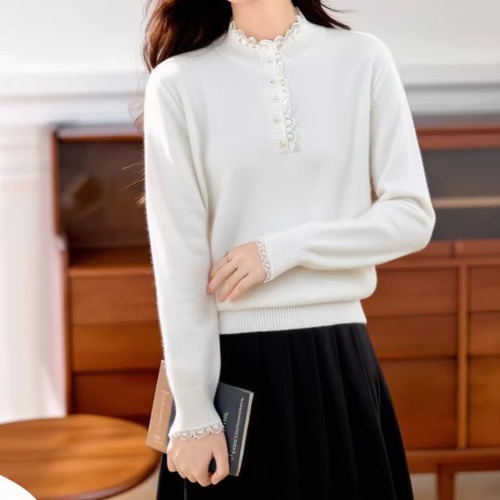 3色／縁レースリブニットトップス ・10101