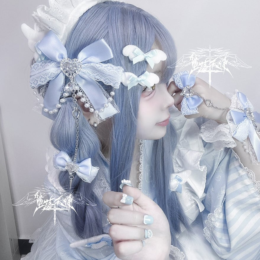 地雷系 ハートビジュー リボン ヘアクリップ｜量産型 レース パール