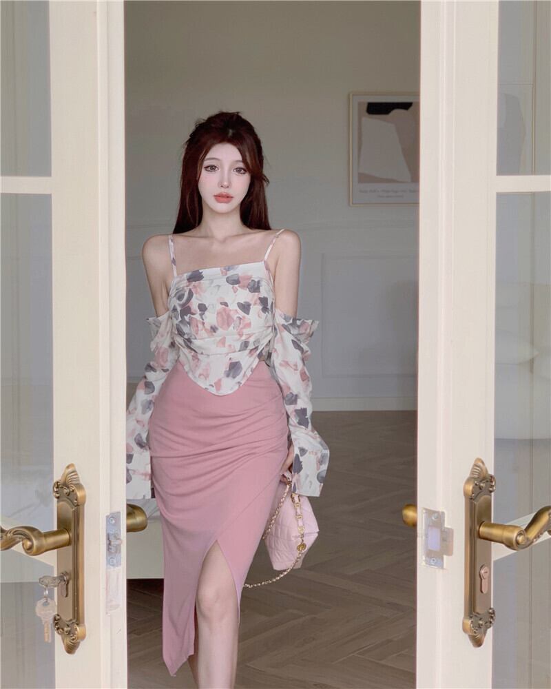 スカート ハイウェスト薄手サマー ピンク 夏物 ブラックストロベリース11613863687