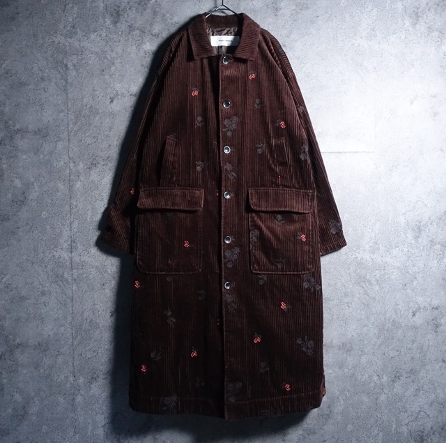 Brown flower motif embroidery design corduroy long coat