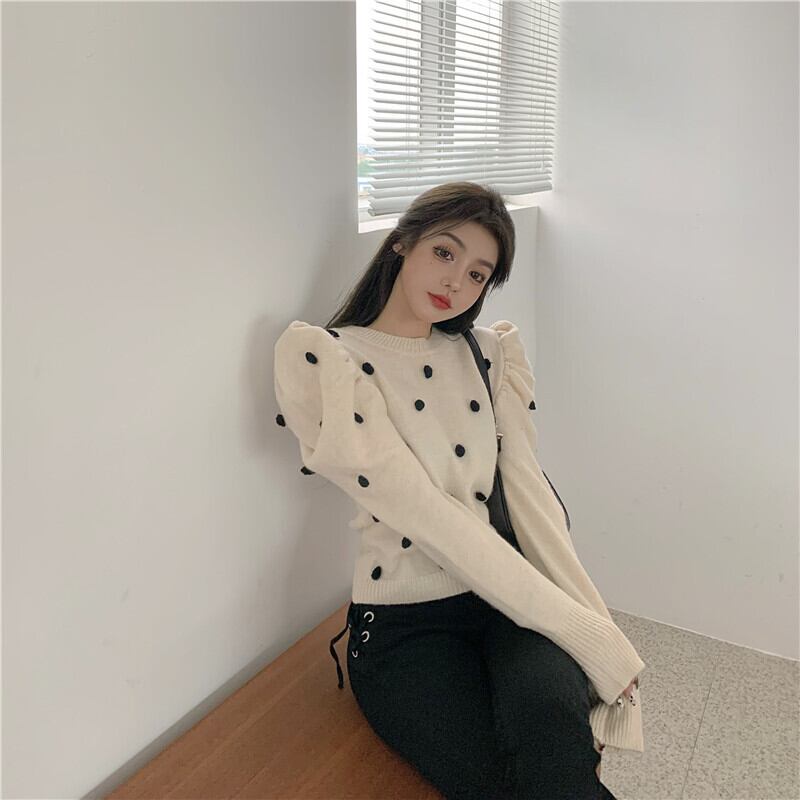 黒のセーター女性の秋ルーズ長袖パフスリーブセーターコート新しいクロップドフード付きジャケット ブラックストロベリース63584617907