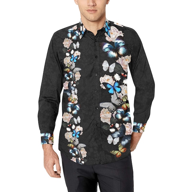 華と蝶　黒　ユニセックスサイズ長袖シャツ