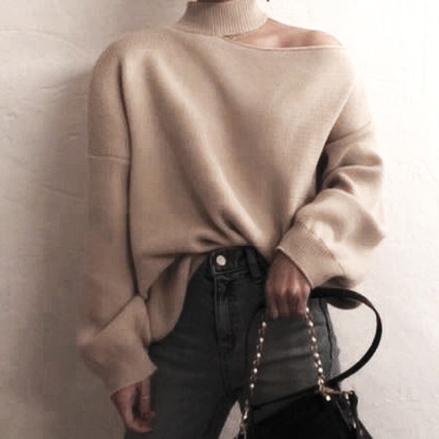 ワンショルダー ホルター トップス ドロップショルダー ニット