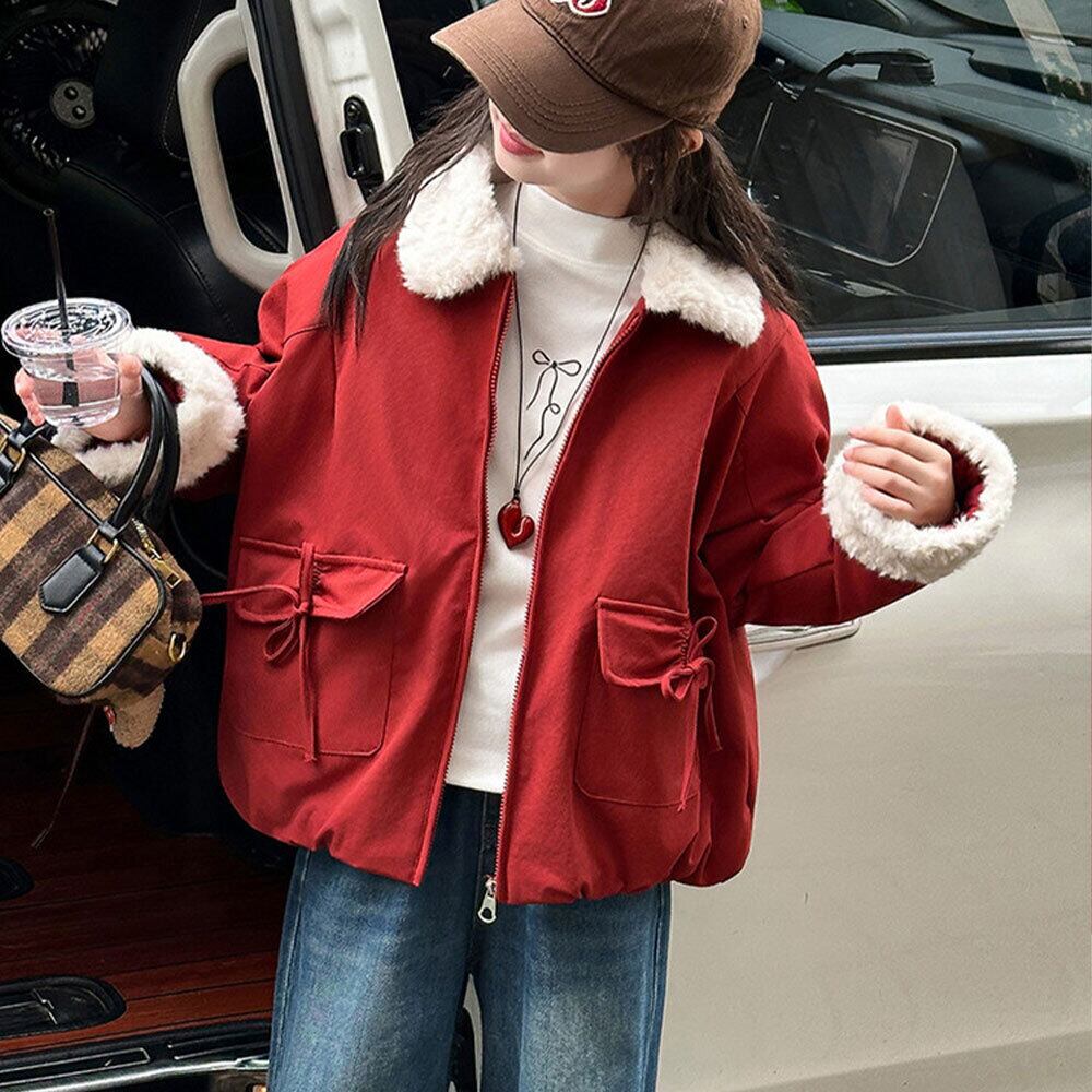 【送料無料】 子供服 女の子 アウター ファーカラー ジャケット 秋冬 韓国 防寒 保温 暖かい 小学生 おしゃれ カジュアル リボンポケット かわいい 大人可愛い 大人女子