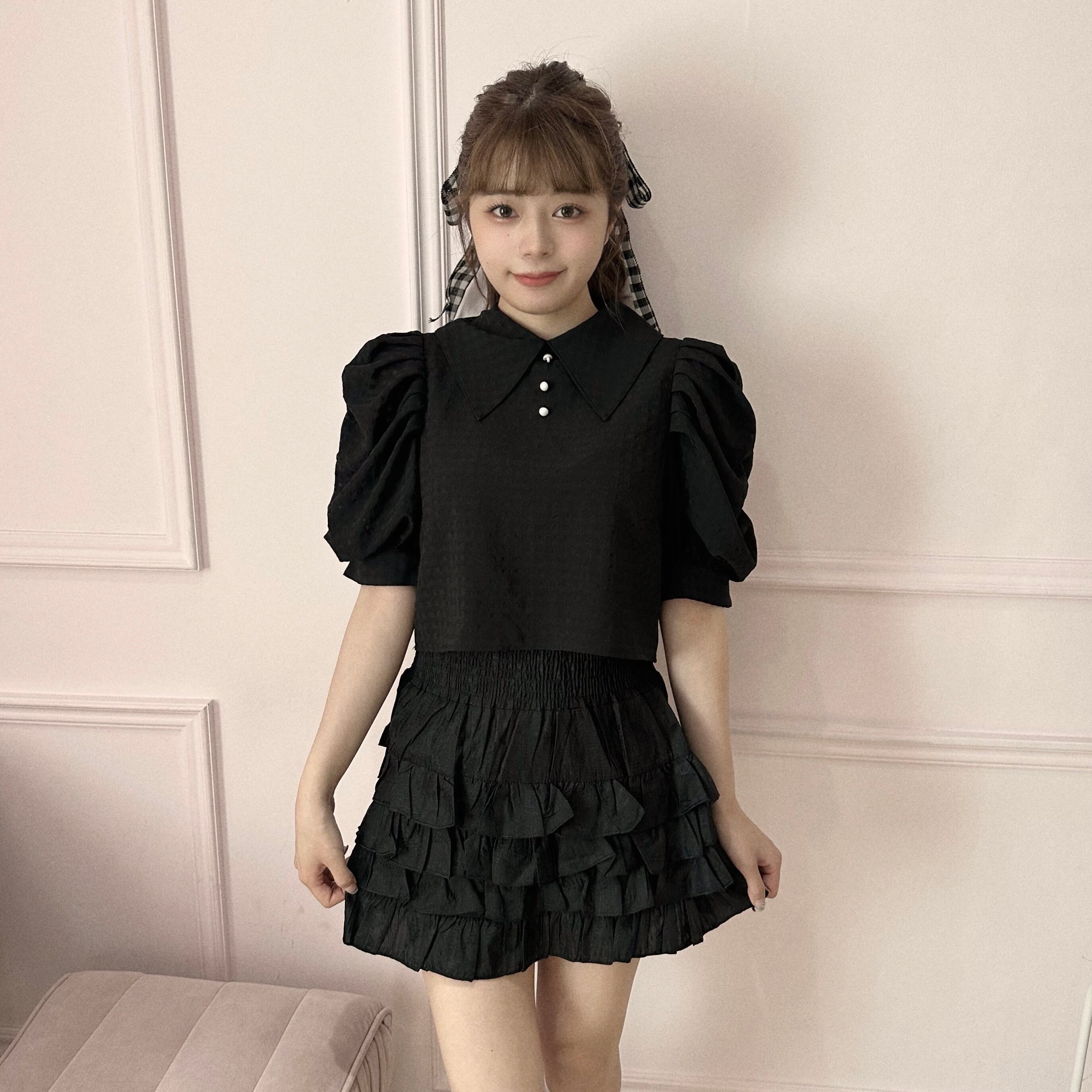 shirring layer skirt-BLACK