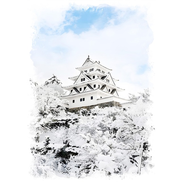 絵画 風景画 日本の城 冬 岐阜県 雪の郡上八幡城城 インテリアアート額付き 水彩画・油絵風 WAT0970