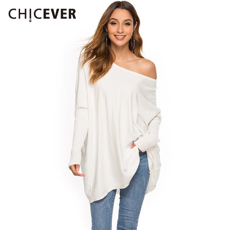 CHICEVERジャンパーセーターOネックバットウィングスリーブオフショルダールーズビッグサイズ非対称セーター服女性 6base581465566856