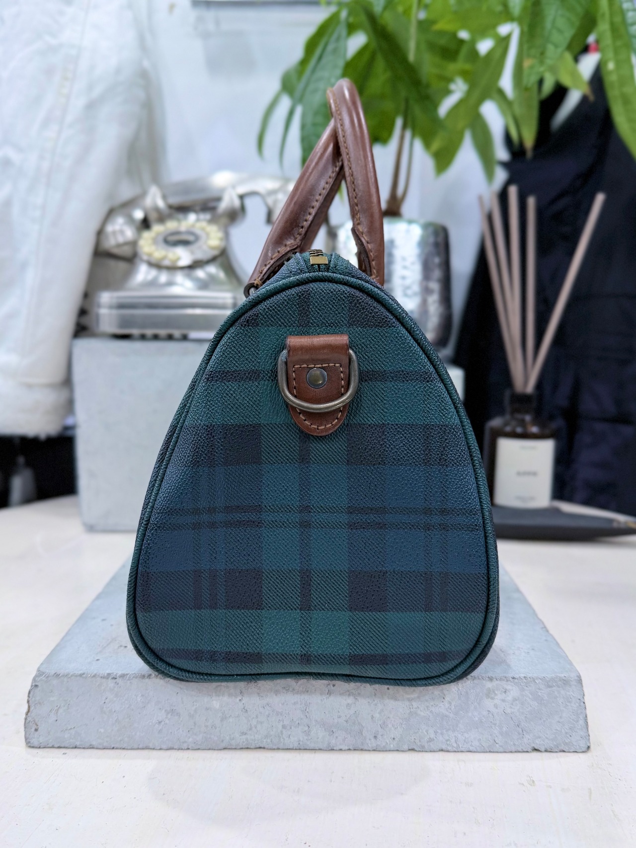 1990s POLO RALPH LAUREN / Black Watch Pattern Leather Boston Bag