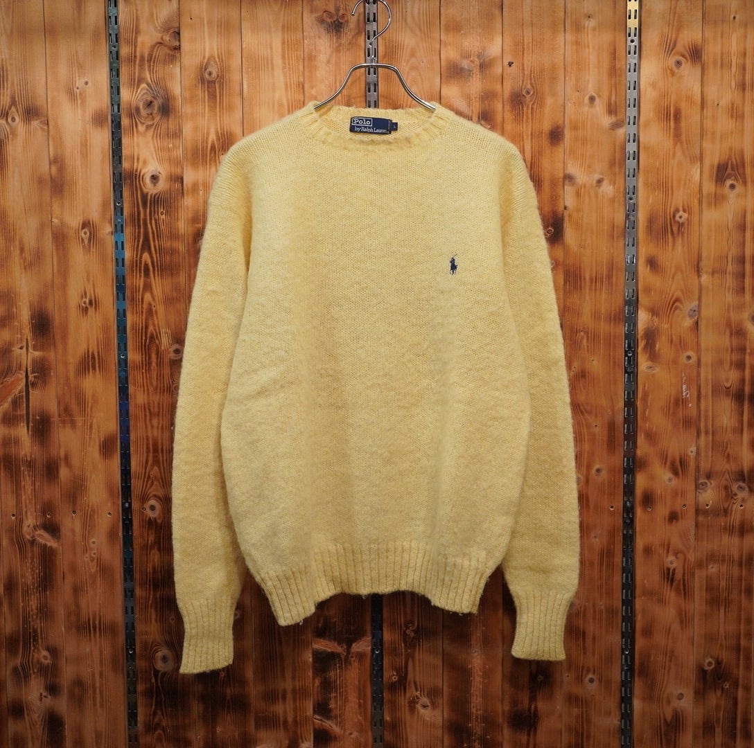 90s ralphlauren ウール 丸首 セーター L/ニット ラルフローレン 黄色 レモンイエロー